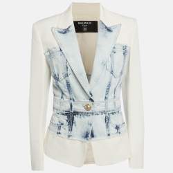 Pre Owned Balmain White/Blue Denim & Crepe Hybrid Blazer M