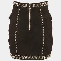 Pre Owned تنورة بالمين مبرشمة من جلد الغزال أسود قصيرة مقاس صغير (سمول)