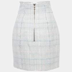 مملوكة مسبقًا Balmain Sky Blue/Pink Tweed Button Detail High-Waist Skirt M