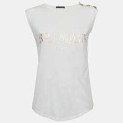 مملوكة مسبقًا Balmain White Logo Print Jersey Sleeveless T-Shirt M