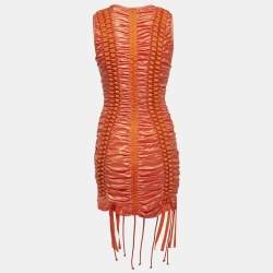 Pre Owned Balmain Orange Satin Lace Up Ruched Mini Dress S