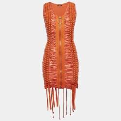 Pre Owned Balmain Orange Satin Lace Up Ruched Mini Dress S