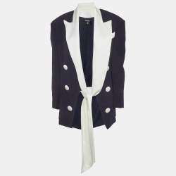 Pre Owned Balmain Navy Blue Crepe and Satin Collar Tie Up Blazer S