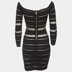 Pre Owned Balmain Black Sheer Striped Off-Shoulder Mini Dress S