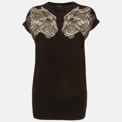 مملوكة مسبقًا Balmain Black Jersey Embellished Signature Tiger T-Shirt XS
