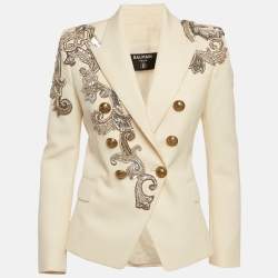 مملوكة مسبقًا Balmain Cream Gabardine Embellished Double Breasted Blazer S