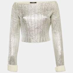 مملوكة مسبقًا Balmain Silver Metallic Coated Rib Knit Sweater S