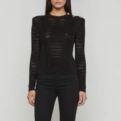 Pre Owned Balmain Black Rib Knit Semi Sheer Exaggerated Shoulder Jumper M 