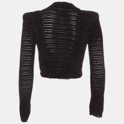 Pre Owned Balmain Black Rib Knit Semi Sheer Exaggerated Shoulder Jumper M 