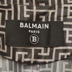 Pre Owned Balmain Beige/Black Monogram Print Synthetic Hooded Trench Coat XS