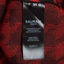 Pre Owned Balmain Red/Black Houndstooth Jacquard Knit Scoop Neck Mini Dress XS