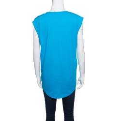Pre Owned Balmain Blue Cotton Shoulder Logo Button Detail Sleeveless T-Shirt L