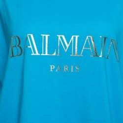 Pre Owned Balmain Blue Cotton Shoulder Logo Button Detail Sleeveless T-Shirt L