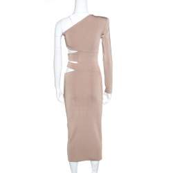 Pre Owned Balmain Beige Knit One Shoulder Cutout Fitted Dress M