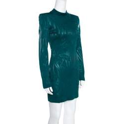 Pre Owned Balmain Green Floral Jacquard Knit High Neck Power Shoulder Mini Dress M
