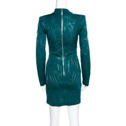 Pre Owned Balmain Green Floral Jacquard Knit High Neck Power Shoulder Mini Dress M