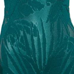 Pre Owned Balmain Green Floral Jacquard Knit High Neck Power Shoulder Mini Dress M