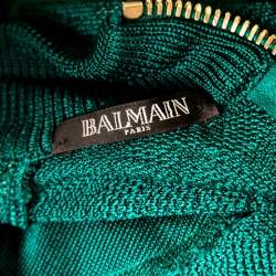 Pre Owned Balmain Green Floral Jacquard Knit High Neck Power Shoulder Mini Dress M