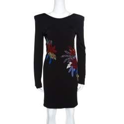 Pre Owned Balmain Black Floral Embellished Plunge Back Neck Power Shoulder Dress M