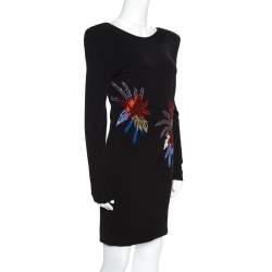 Pre Owned Balmain Black Floral Embellished Plunge Back Neck Power Shoulder Dress M