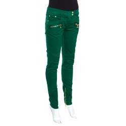 Balmain Green Denim Ribbed Panel Zip Detail Skinny Biker Jeans S