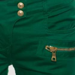 Balmain Green Denim Ribbed Panel Zip Detail Skinny Biker Jeans S