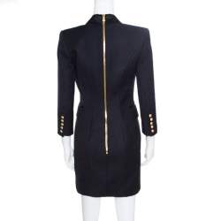 Pre Owned Balmain Black Basket Weave Satin Lapel Detail Coat Dress S