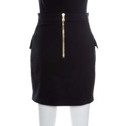 Balmain Black Textured Cotton Gold Button Detail High Waist Mini Skirt S