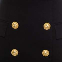 Balmain Black Textured Cotton Gold Button Detail High Waist Mini Skirt S