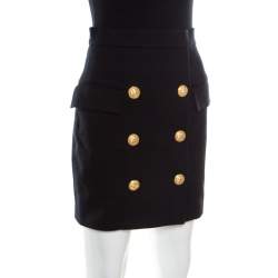 Balmain Black Textured Cotton Gold Button Detail High Waist Mini Skirt S