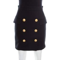 Balmain Black Textured Cotton Gold Button Detail High Waist Mini Skirt S