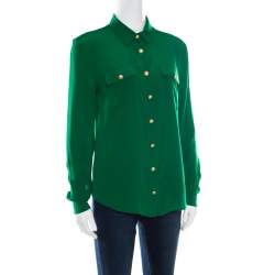 Pre Owned Balmain Green Silk Gold Button Detail Long Sleeve Classic Shirt M