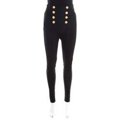 Balmain Black Knit Logo Button Detail High Waist Trousers M