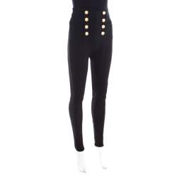 Balmain Black Knit Logo Button Detail High Waist Trousers M