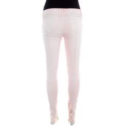 Pre Owned Balmain Pink Coated Ribbed Panel Zip Detail Skinny Biker Jeans S