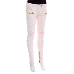 Pre Owned Balmain Pink Coated Ribbed Panel Zip Detail Skinny Biker Jeans S