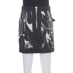 Pre Owned Balmain Monochrome Marble Printed Logo Button Detail Mini Skirt S