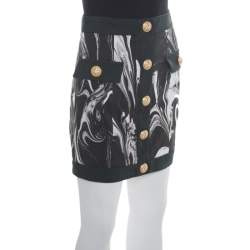 Pre Owned Balmain Monochrome Marble Printed Logo Button Detail Mini Skirt S