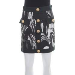Pre Owned Balmain Monochrome Marble Printed Logo Button Detail Mini Skirt S