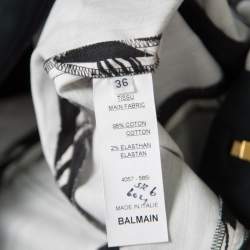 Pre Owned Balmain Monochrome Marble Printed Logo Button Detail Mini Skirt S