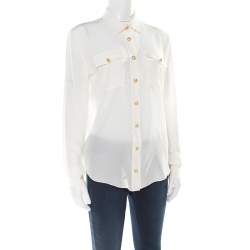 Pre Owned Balmain Cream Silk Gold Tone Button Detail Long Sleeve Shirt M