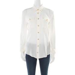 Pre Owned Balmain Cream Silk Gold Tone Button Detail Long Sleeve Shirt M