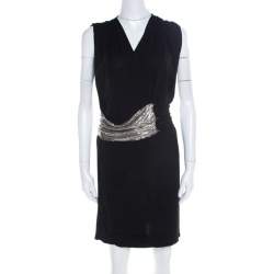 Balmain Black Knit Wool Chainmail Paneled Faux Wrap Mini Dress M