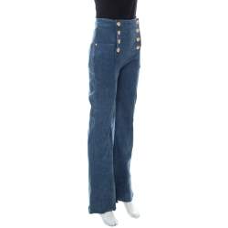 Balmain Blue Denim Medium Wash Gold Button Detail High Waist Flared Jeans S
