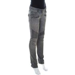 Balmain Grey Washed Denim Pintucked Panel Zip Detail Skinny Jeans S