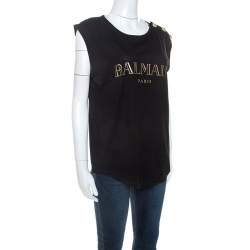 Pre Owned Balmain Black Cotton Shoulder Logo Button Detail Sleeveless T-Shirt M