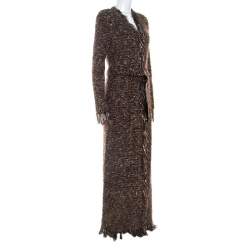 Pre Owned Balmain Brown Metallic Bouclé-Knit Fringed Cardigan M