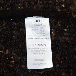 Pre Owned Balmain Brown Metallic Bouclé-Knit Fringed Cardigan M