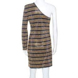 Pre Owned Balmain Gold Crystal Embellished Striped One Shoulder Mini Dress L