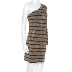 Pre Owned Balmain Gold Crystal Embellished Striped One Shoulder Mini Dress L